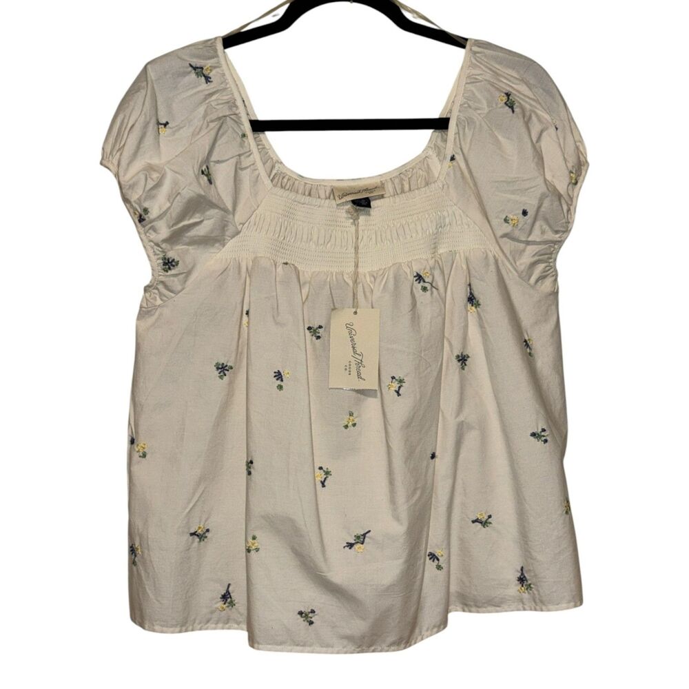 Universal Thread Floral Embroidered Puff Sleeve Blouse XS Cream Cottagecore Top